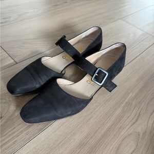 Salvatore Ferragamo Black Suede Mary Jane 1in Pump Buckle Open Side 6AAA Narrow